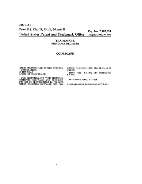 File:Trademark CodeScape Reg Nº 2107854 1997-10-21 (United States Patent and Trademark Office).pdf