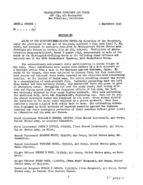 File:General Orders Nº 53 (section XV through XXII) - Award of The Distinguished Flying Cross 1945-09-04 (Issued by Headquarters Twentieth Air Force).pdf