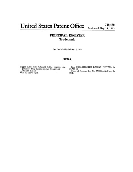 File:Trademark Sega Reg Nº 749420 1963-05-14 (United States Patent and Trademark Office).pdf