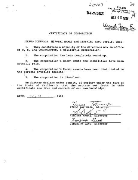 File:U.S. Zax Corporation Dissolution 1992-10-05 (California Secretary of State).pdf