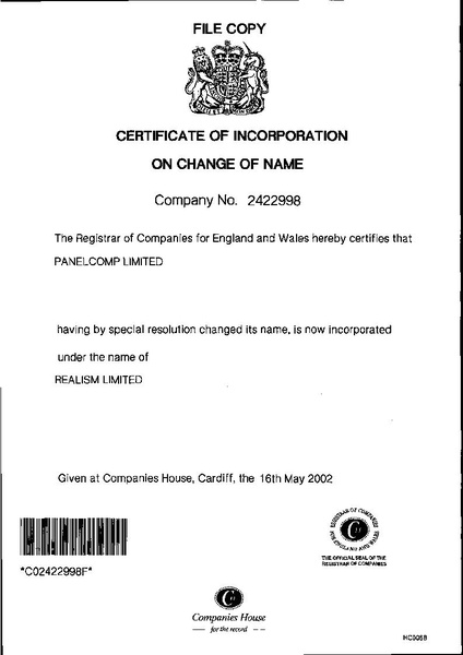 File:PanelComp Ltd. Certificate of Incorporation on Change of Name 2002-05-16 (by Companies House).pdf