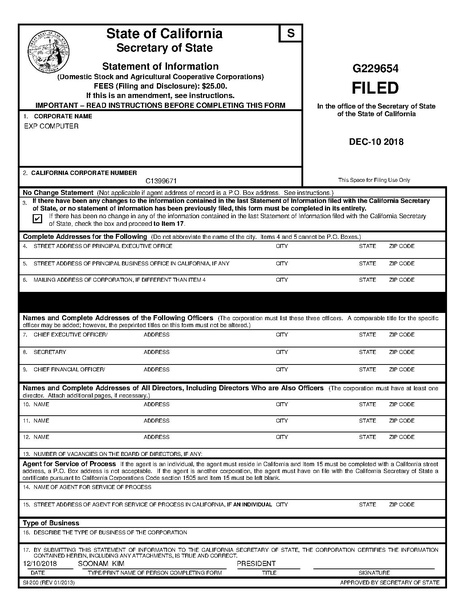 File:EXP Computer Inc Statement of Information 2018-12-10 (California Secretary of State).pdf