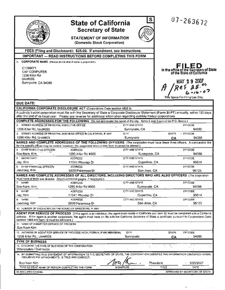 File:EXP Computer Inc Statement of Information 2007-05-29 (California Secretary of State).pdf